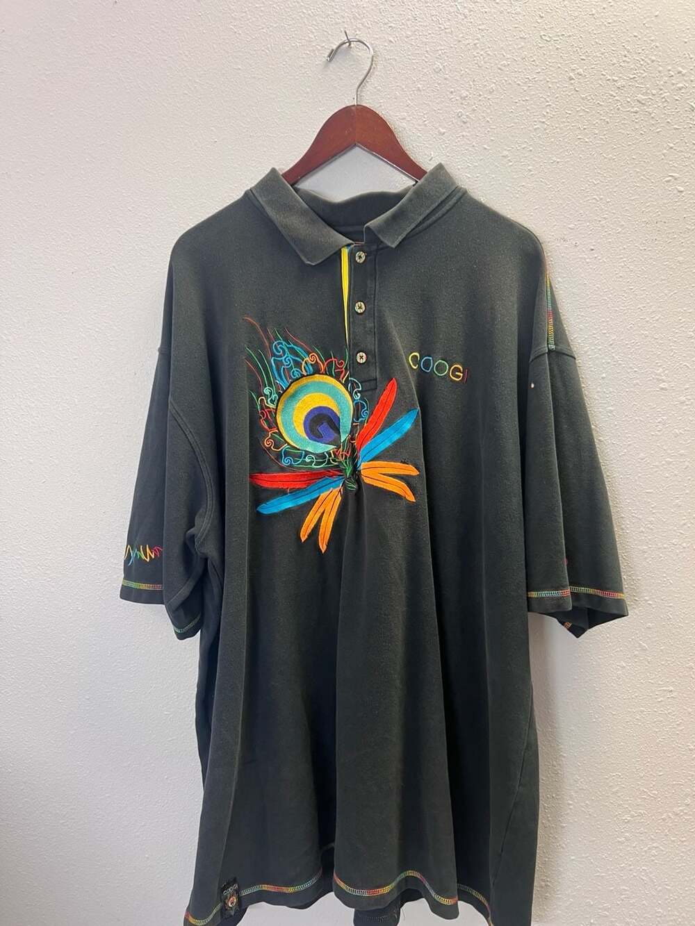 Vintage COOGI Embroidered Peacock Polo Shirt 4XL Black Stitch Y2K Hip Hop 0586